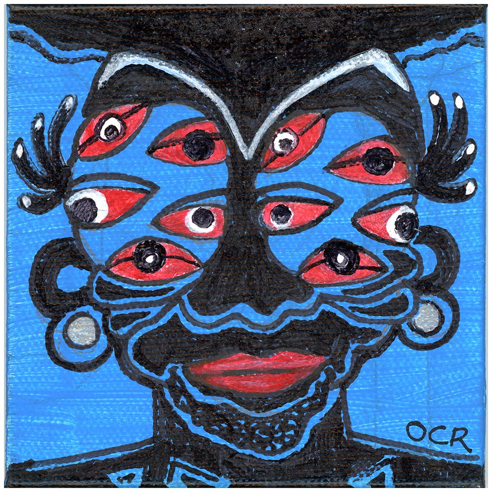 Painting of a human-like being in Black with multiple eyes in red and red lips.