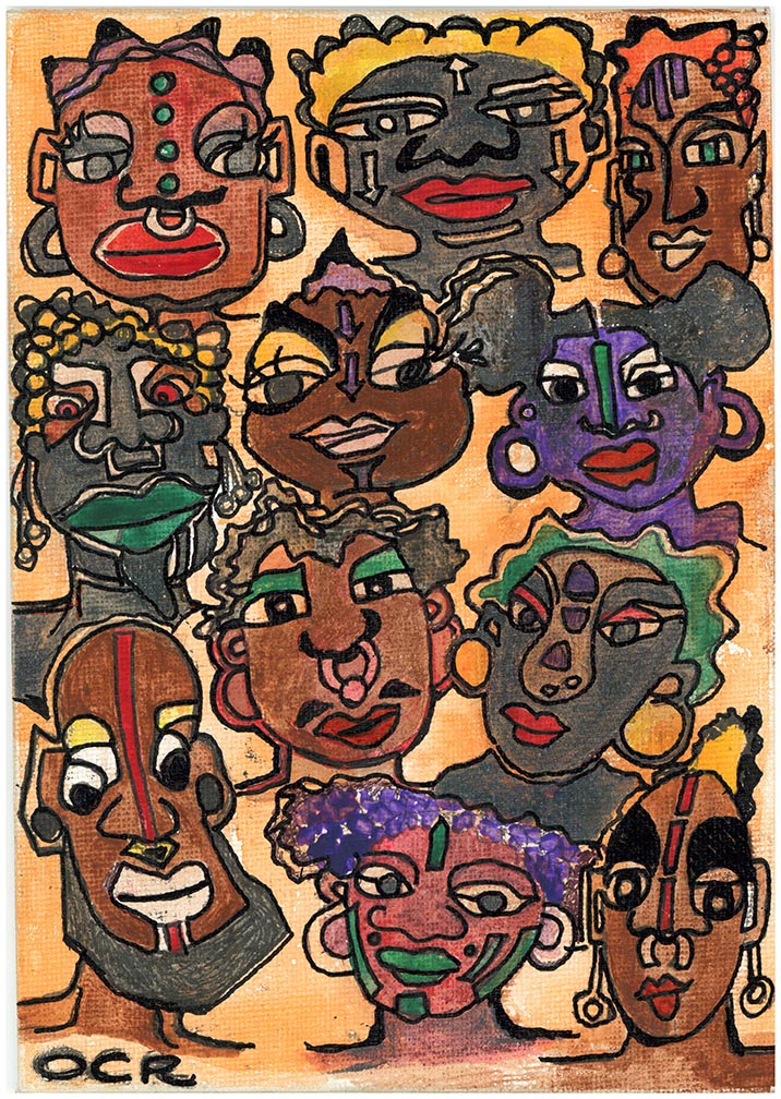 Painting with multiple Black, Brown, and purple individual faces with different adornments. 